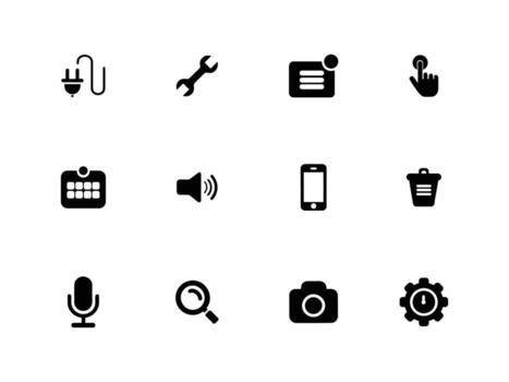 Minimal Essential User Interface and Technology Icon Set collection of black icons for web and mobile development, featuring symbols for settings mobile phone, camera, and more vector