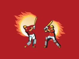 A dynamic silhouette of a cricket player in an action pose with background on fire, ready to swing the bat vector