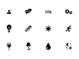 User Interface solid black icons for web and mobile design. symbols message, settings, idea, edit, weather, and activity for a complete UI kit vector