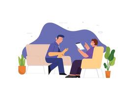 A man sits in a comfortable chair discussing his past traumas and how they have affected his emotional wellbeing illustration vector