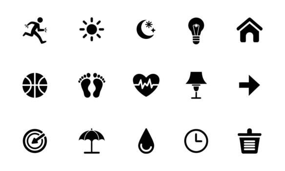 Set of black solid icons for lifestyle, health, and user interface design. Includes a running person, sun, moon, arrow, target, umbrella, clock, and trash Symbol Collection vector