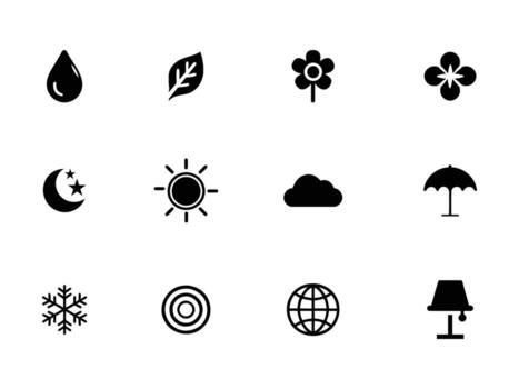 naturaleza y clima condiciones icono conjuntos negro glifos incluso un sol, nube, copo de nieve, agua gota, hoja, y flor para web o aplicación diseño vector