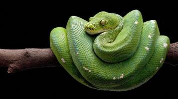 Bright Green Tree Python Resting on Branch in Black Background Highlighting Vivid Colors and Intricate Textures photo