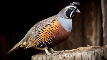 Stunning Male Quail Perched on a Weathered Tree Stump. photo