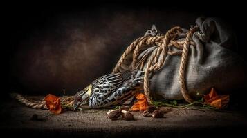 Bird Feasting on Nuts Beside a Burlap Bag with Orange Flowers. photo