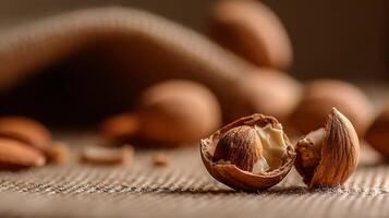Delicious Almond Nut Split Open on Textured Surface. photo
