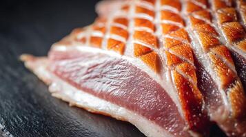 Sliced Duck Breast With Crispy Skin A Gourmet Close Up Shot photo