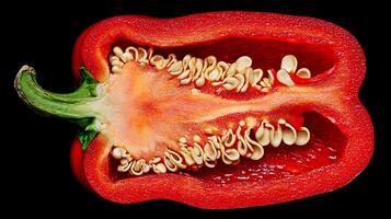 Vibrant Red Bell Pepper Slice With Visible Seeds On Black Background. photo