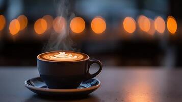 Steaming Heart Latte Art Coffee Cup with Soft Orange Bokeh Lights. photo