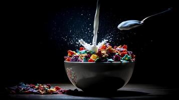 Milk Splash on Colorful Cereal Bowl with Spoon, Breakfast Action Shot. photo