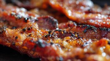 Crispy Seasoned Bacon Close Up with Bokeh Lights. photo