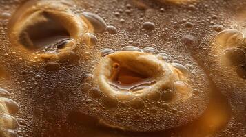 Macro View of Bubbles on a Golden Liquid Surface. photo
