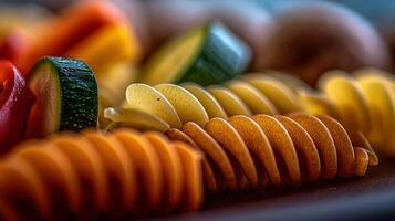 Vibrant Close Up of Pasta and Fresh Vegetables Ready to Cook. photo