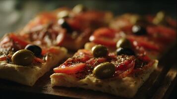 Delicious Slices of Focaccia Pizza with Tomatoes and Olives. photo