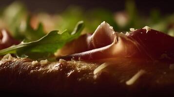 Close up on Prosciutto and Greens on Pizza Dough with Parmesan. photo