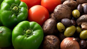 Fresh Green Peppers, Ripe Tomatoes, and Earthy Mushrooms with Olives. photo