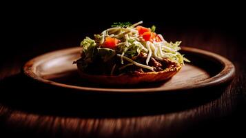 Fresh Salad on Rustic Wooden Plate, Appetizing Food Closeup. photo