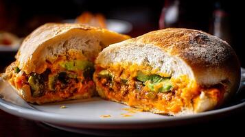Deliciously Loaded Sandwich with Avocado and Spicy Filling on a Plate. photo