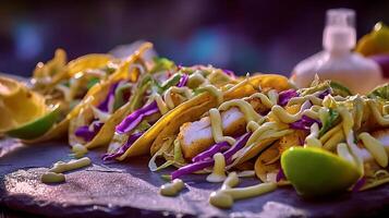 Delicious Fish Tacos with Creamy Sauce and Fresh Lime Slices. photo