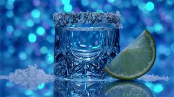 Refreshing Blue Shot Glass with Lime and Sparkling Salt Crystals photo