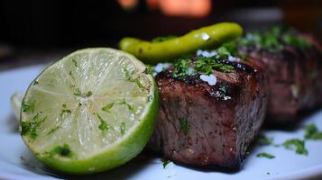 Juicy Grilled Steak With Lime and Fresh Herbs Ready to Serve. photo