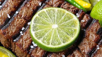 Delicious Grilled Steak With Lime and Peppers Close Up. photo