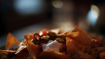 Delicious Nachos with Toppings in Warm Lighting. photo