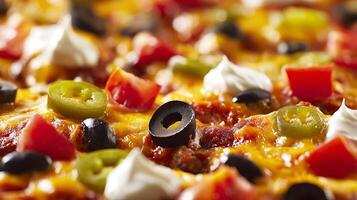 Delicious close up of a loaded pizza with fresh toppings. photo