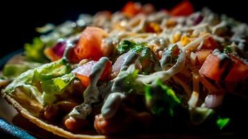 Delicious Taco Topped with Fresh Vegetables and Creamy Sauce. photo