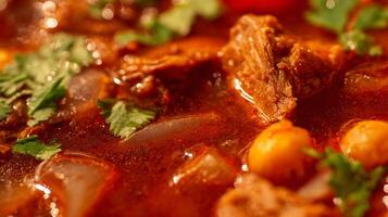 Close Up of Hearty Stew with Tender Meat and Fresh Herbs. photo