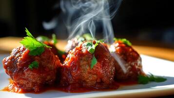 Steaming Delicious Meatballs in Rich Tomato Sauce With Fresh Parsley. photo