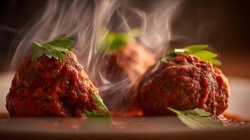 Hearty Meatballs Steaming with Flavor, Garnished with Fresh Parsley. photo