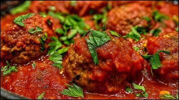 Close up of delicious meatballs in rich tomato sauce with fresh parsley garnish. photo