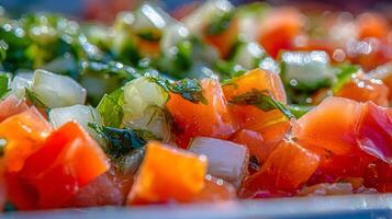 Fresh Chopped Tomato and Cucumber Salad with Herbs and Water Droplets. photo