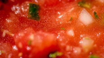 Macro View of Diced Tomatoes with Water Droplets and Bokeh Effect. photo
