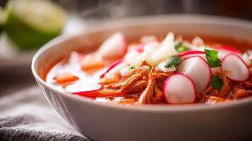 Delicious Bowl of Pozole with Radish and Lime Garnish. photo