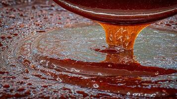 Rich Dark Chocolate Sauce Pouring Slowly Creating Ripples and Texture. photo