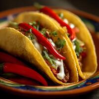 Delicious Spicy Tacos with Fresh Red Chilies on a Colorful Plate. photo