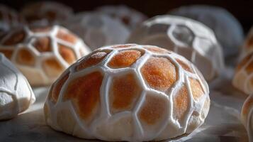 Close up of delicious baked buns with white icing grid detail. photo