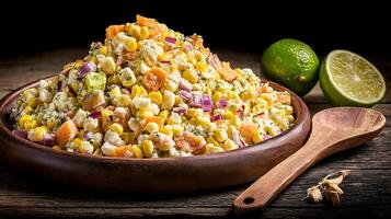 Fresh Corn Salad with Sweet Potato and Lime on Rustic Wood. photo