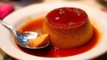 Delicious Caramel Custard Dessert With A Spoonful Ready To Enjoy. photo