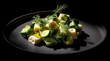 Fresh Cucumber and Cheese Salad with Dill on Dark Plate. photo