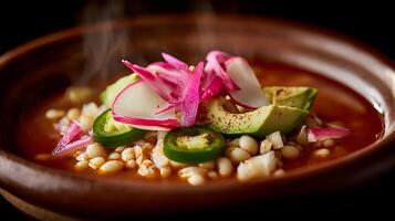 Delicious Hot Bowl of Pozole Soup with Fresh Toppings. photo