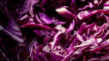 Vibrant Close Up of Freshly Chopped Red Cabbage with Beautiful Light. photo