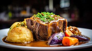 Delicious Braised Beef Dinner With Potatoes And Carrots. photo