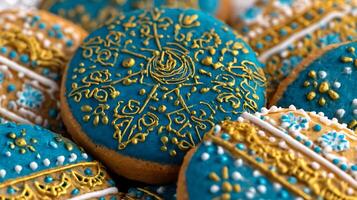 Delicious Decorated Cookies with Intricate Gold and Blue Icing Designs. photo