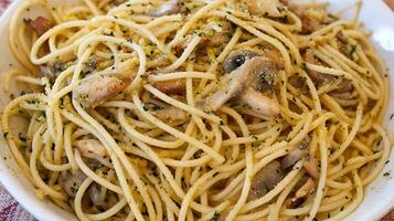 Delicious Pasta with Mushrooms and Parsley, a Close Up View. photo
