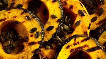 Delicious Roasted Acorn Squash Slices with Pumpkin Seeds Close Up. photo