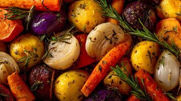 Savory Roasted Root Vegetables with Fresh Rosemary and Herbs. photo