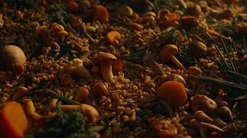 Whimsical Forest Floor Scene with Wild Mushrooms and Grains. photo